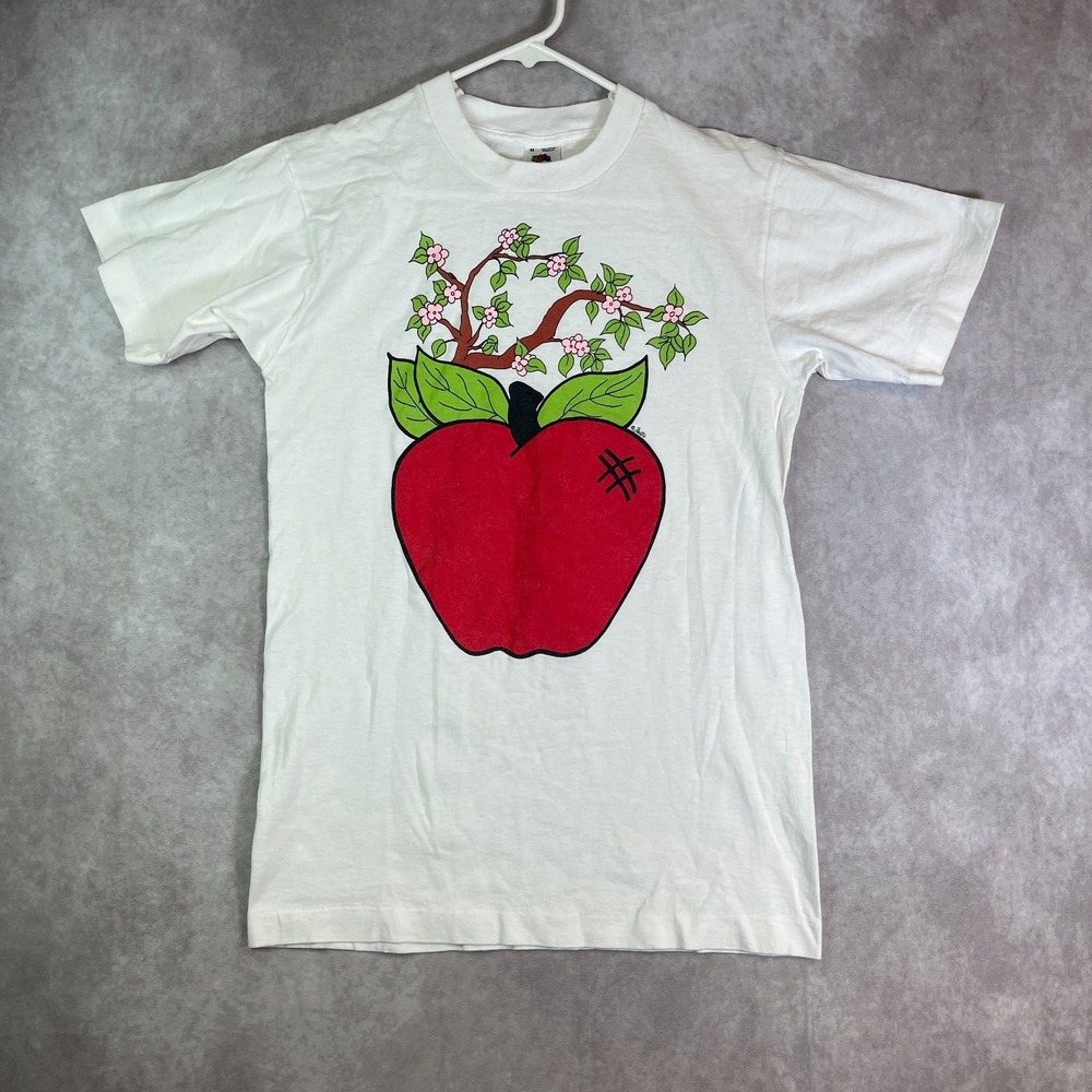 VINTAGE Apple Shirt Adult Medium White Single Stitch Nature Flowers USA Made 90s